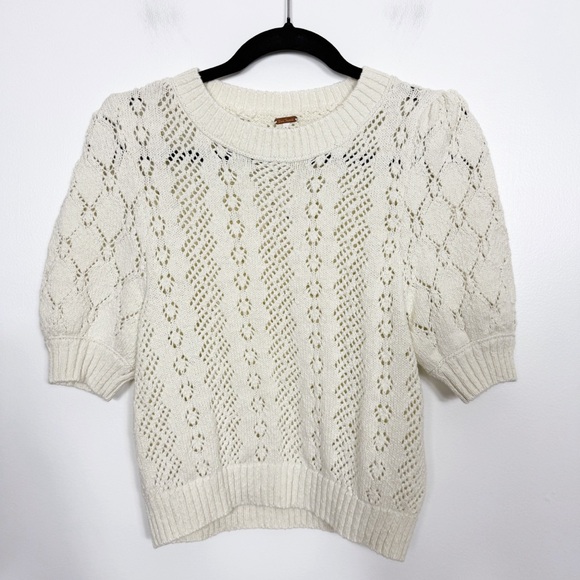 Free People Eloise Ivory Pointelle Puff Sleeve Sweater Top NWT Size Extra Small - Picture 2 of 7